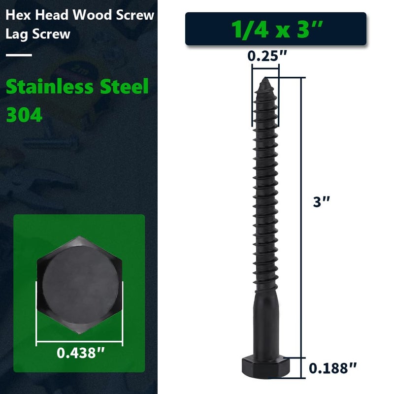 RoyceMart 12-Sets 1/4 x 3 Black Hex Head Lag Screws & Flat Washers, Heavy Duty Wood Lag Screws, 304 Stainless Steel (18-8), 1/4" Bolt - Image 2